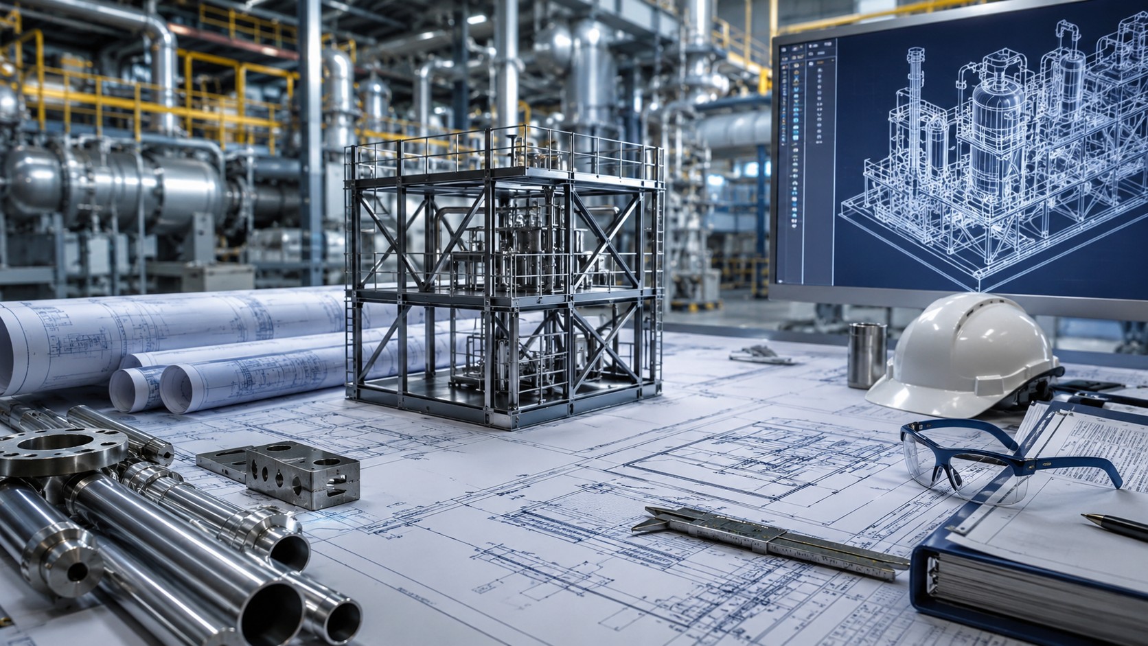 Desenho técnico e componentes mecânicos em ambiente industrial